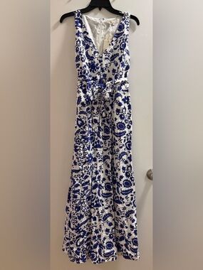 Boden Blue and White Maxi Skirt with Tie Waist